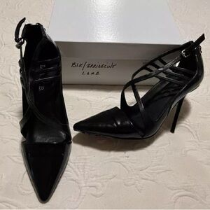 Black patent and black leather cage, design stilettos size 6 1/2 M by LAMB